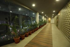 um corredor com uma fila de vasos de plantas em VIPs Hotel Olive em Siliguri