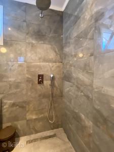 y baño con ducha y pared de piedra. en Theros Lux Apts., en Plános