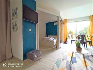 un soggiorno con un divano e una TV a parete di Appartement cosy à deux pas du port a Saint-Cyprien