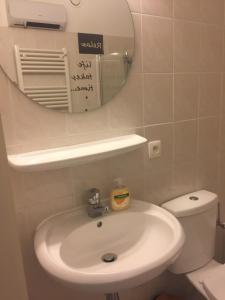 a bathroom with a sink and a mirror and a toilet at De Branding in Blankenberge