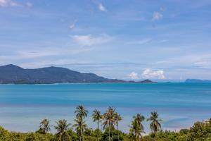 a view of the ocean and palm trees at BEACHSIDE VILLA - LATITUDE 9 - at BAYSIDE LUXURY VILLAS Samrong Bay Beach, 3 BED 4 BATH, SEA and SUNSET VIEWS, only 200m walk to the Beach in Thong Son Beach