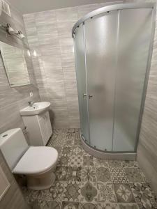 a bathroom with a shower and a toilet and a sink at Apes ielas apartaments in Alūksne