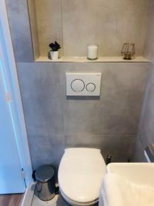 Un baño pequeño con inodoro y lavabo. en Green Happiness With Private Parking, en Zandvoort