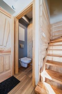 a bathroom with a staircase and a toilet in a room at Noclegi domek in Kościelisko +60 photos