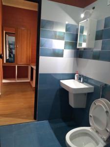 a blue and white bathroom with a toilet and a sink at Tranquil Farms in Manimala