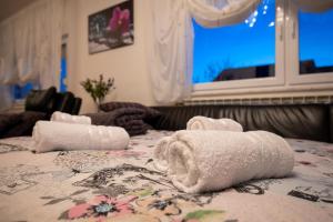 Una habitación con toallas en una cama con ventana en Apartman Vesna en Bjelovar