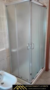 a shower with a glass door next to a sink at Appartamenti Le Ante in Santo Stefano di Cadore