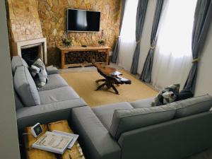 a living room with a couch and a tv at Casa da Aldeia in Tomar