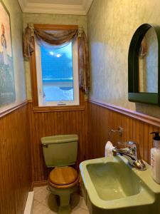 a bathroom with a green toilet and a sink at Le 154 Jacques-Cartier in Gaspé