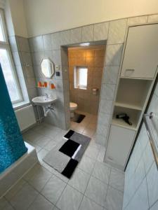 a bathroom with a shower and a sink and a toilet at Penzion Villa Rosse in Abertamy