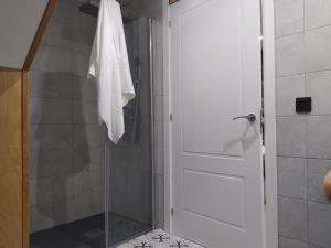 a shower with a glass door in a bathroom at Paloma blanca in Villalba