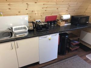 a kitchen with a counter with a sink and a refrigerator at Breakish Bay Pods (Pod 2) in Breakish