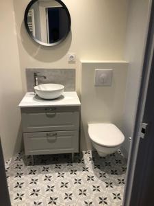 La salle de bains est pourvue d'un lavabo, de toilettes et d'un miroir. dans l'établissement Joli Appartement Le Gutenberg T2 4p Quartier Mirabeau Proche Gare, à Tours