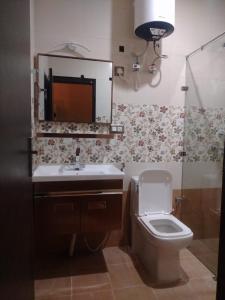 uma casa de banho com um WC, um lavatório e um espelho. em HOTEL JP REGENCY em Nainital