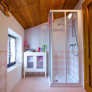 uma casa de banho com um chuveiro e uma porta de vidro em B&B Marie Therese em Torreano