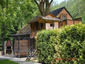 una pequeña casa de madera con una escalera que conduce a ella en Domki Na Źródlanej, en Międzybrodzie Bialskie