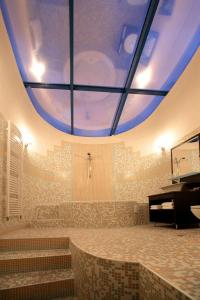 YambolにあるRiverside Family Hotelのグランドピアノ付きの天井の広い客室です。