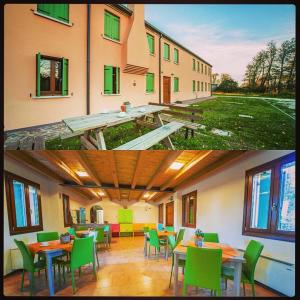 two pictures of a building with tables and green chairs at Rifugio Natura Delta Po in San Rocco
