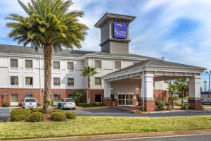 a hotel with a palm tree in front of a building at Sleep Inn & Suites in Brunswick