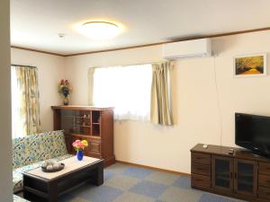 a living room with a couch and a tv at Izu Shirada Villa 伊豆白田家 in Higashiizu