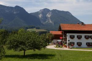 a building with a tree in front of a mountain at Neuhaushof - Chiemgau Karte in Inzell