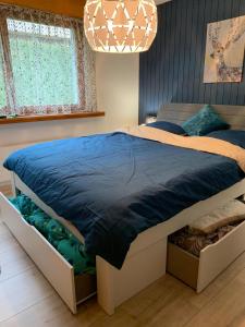 um quarto com uma cama grande e um edredão azul em Roc d'Orsay E48 em Leysin
