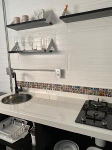 a kitchen with a sink and a stove and shelves at Casa San Juan in Cartagena de Indias +43 photos