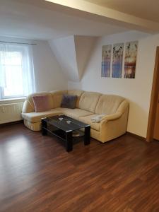 a living room with a couch and a coffee table at Ferienwohnung Rote-Villa in Pobershau