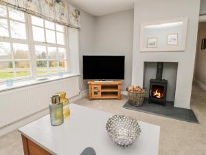 a living room with a fireplace and a television at Y Bwthyn in Menai Bridge