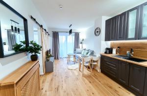 a kitchen with a sink and a table in a room at LAGUNA Apartament Polanica Residence 32 in Polanica-Zdrój