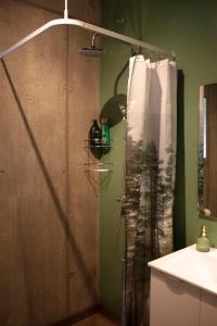 a shower with a shower curtain in a bathroom at Úti í Kina in Tórshavn +20 photos
