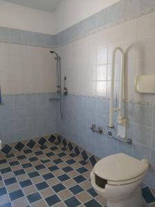 a bathroom with a toilet and blue and white tiles at Hotel Baia Cea in Bari Sardo