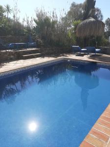 a large blue swimming pool with two blue chairs in it at Attico Los Montes with private pool in Viñuela