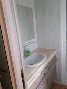 een badkamer met een witte wastafel en een spiegel bij Luxueuze stacaravan in Bredene met eigen terras en tuintje (425) in Bredene