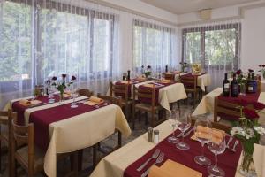 a dining room with tables and chairs and windows at Hotel Al Lago in Vogorno