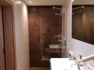 bagno con doccia, lavandino e specchio di Apartments in Kappl/Paznauntal 36440 a Kappl
