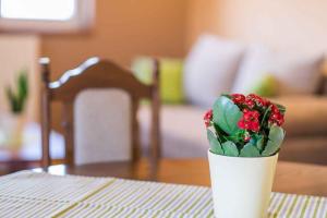 a white vase with red flowers on a table at Apartment in Vrbnik/Insel Krk 36770 in Vrbnik