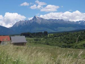 a house on a hill with mountains in the background at Holiday home Podbanske - Hohe Tatra 26186 in Pribylina