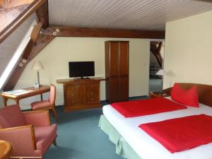 Schlafzimmer mit einem Bett, einem Schreibtisch und einem TV in der Unterkunft Lausitzhof in Lübbenau