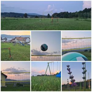 a collage of photos of a field with a playground at House of inspiration above LAKE Sabljaci with pool in Ogulin