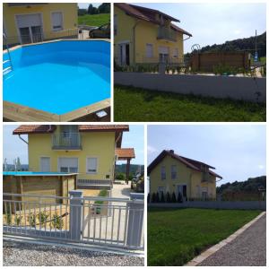 four different pictures of a house and a swimming pool at House of inspiration above LAKE Sabljaci with pool in Ogulin
