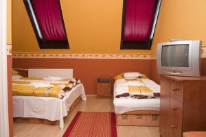 two twin beds in a room with a tv at Erdős Vendégház in Jánossomorja