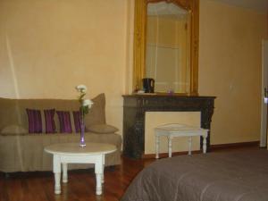 a living room with a couch and a table and a mirror at Logis Hôtel Les 3B in Nouilhan