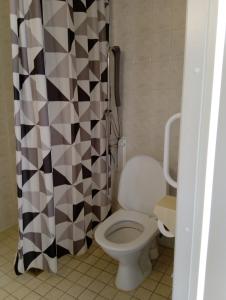 Un baño con inodoro y cortina de ducha. en Motel Marine, en Tammisaari