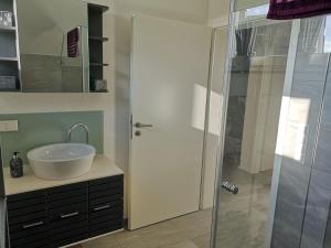 un bagno con lavandino e doccia di FeWo Rügshofen a Gerolzhofen