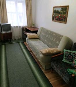 een woonkamer met een bank en een televisie bij 2 кімнатна квартира Трускавець,поруч центр та Дельфінарій in Truskavets