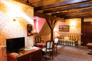 a living room with a television and a couch at Braugasthof Papiermühle in Jena