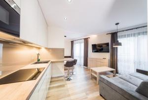 a kitchen and living room with a couch and a table at Deluxe Apartment Rakowicka 15 WAWELOFTS in Krakow