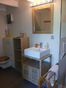 ein Badezimmer mit Waschbecken, Spiegel und Toilette in der Unterkunft Chambres d'Hôtes Aux Tournesols in Malaucène