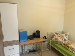 a bedroom with a desk with a bed and a table at Jurahof Wuermser in Denkendorf +18 photos